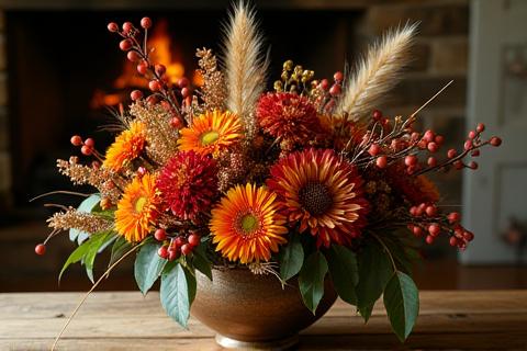Gemütliches Herbstgesteck mit Beerenzweigen und Chrysanthemen