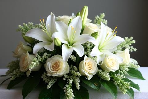 Würdevolles Trauergesteck mit Lilien und Rosen