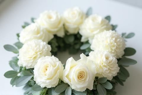 Sanfter Urnenkranz mit weißen Rosen und Eukalyptus