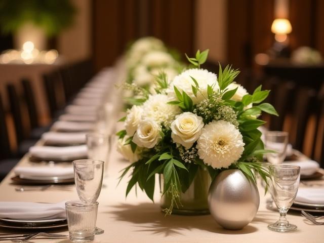 Elegante Blumendekoration auf einem Gala-Tisch bei einer Firmenveranstaltung