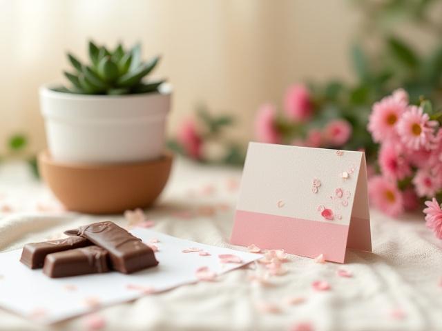 Kleine Topfpflanzen und feine Schokolade, als liebevolle Ergänzung zu Blumen