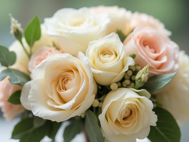 Nahaufnahme eines handgebundenen, opulenten Blumenstraußes in Pastelltönen