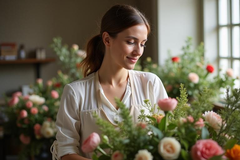 Ein Blumenarrangement-Künstler, der in einem eleganten Wiener Atelier arbeitet, umgeben von frischen Blumen und Vasen. Licht fällt sanft durch große Fenster.
